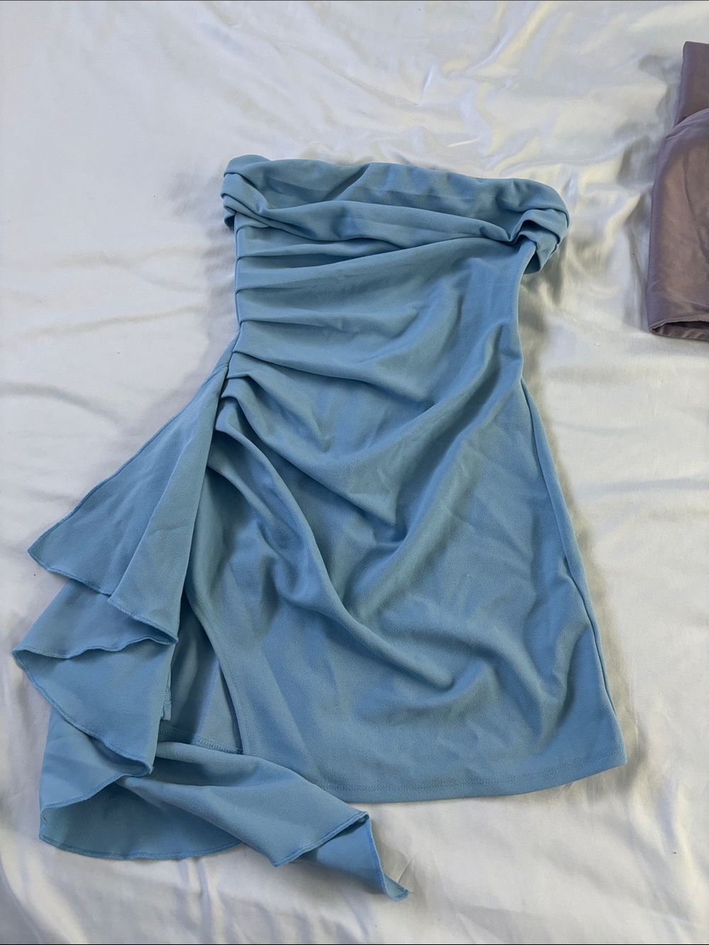 Lucy in the Sky Strapless Ruffle Mini Dress in Light Blue
